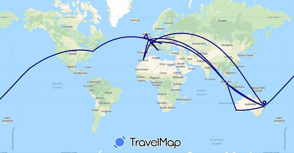 TravelMap itinerary: driving in Austria, Australia, France, United Kingdom, Indonesia, Ireland, Italy, Morocco, Singapore, Slovakia, United States (Africa, Asia, Europe, North America, Oceania)